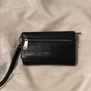 Fossil Black Tri Fold Women's Wallet Wrist Strap Black